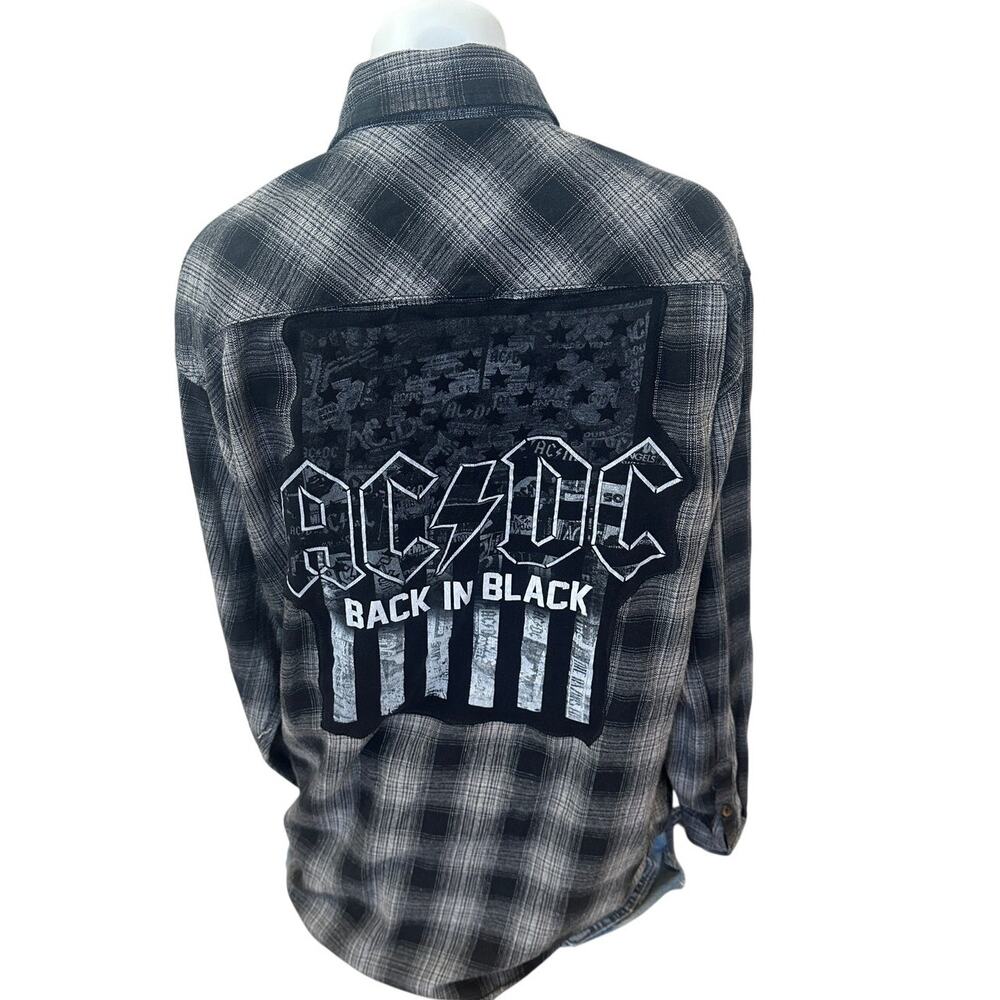 AC/DC Back in Black Plaid Flannel Shirt LARGE Oversized Unique Heavy Metal 80s